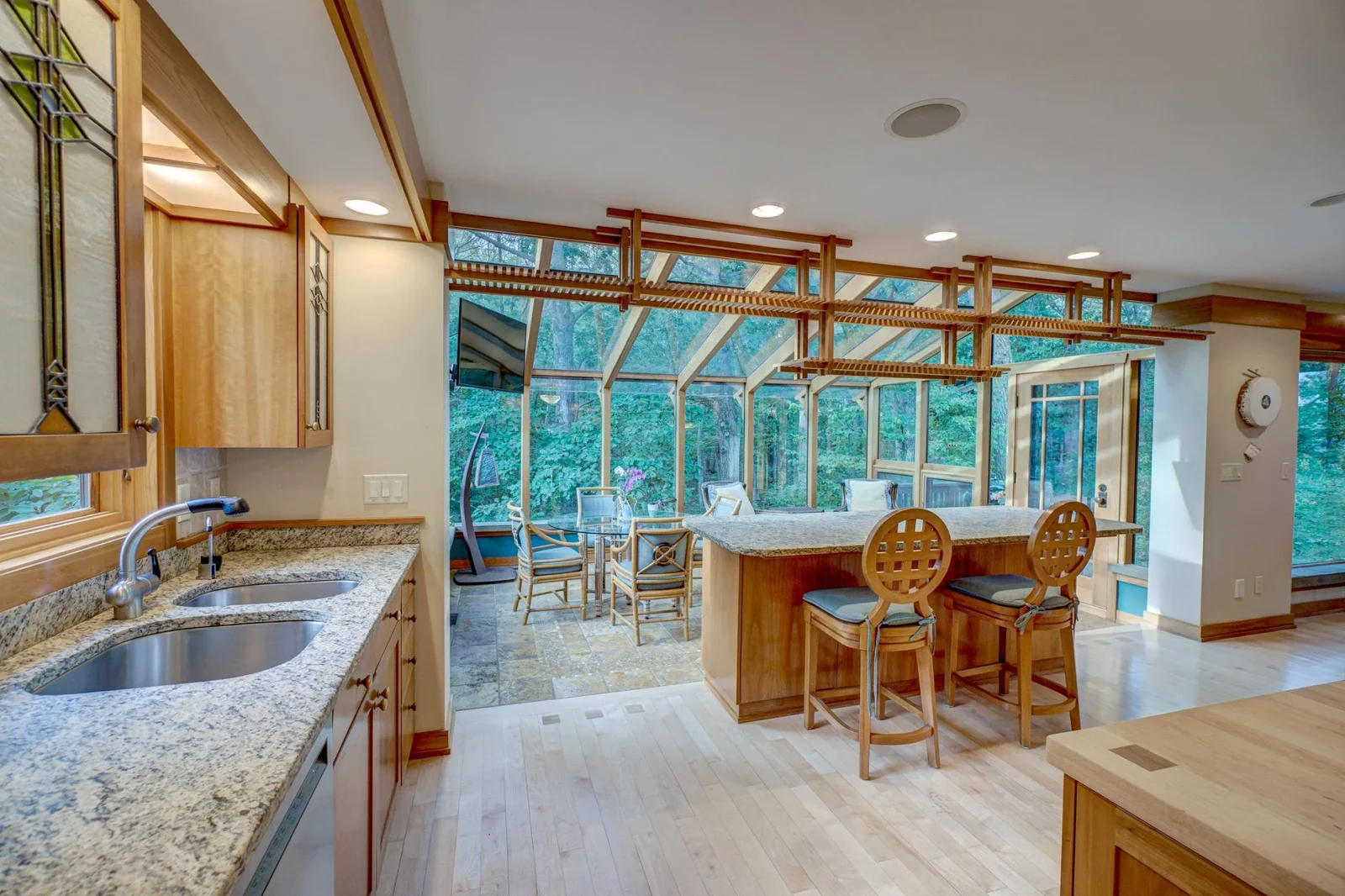 Butcher block center island with walnut accents