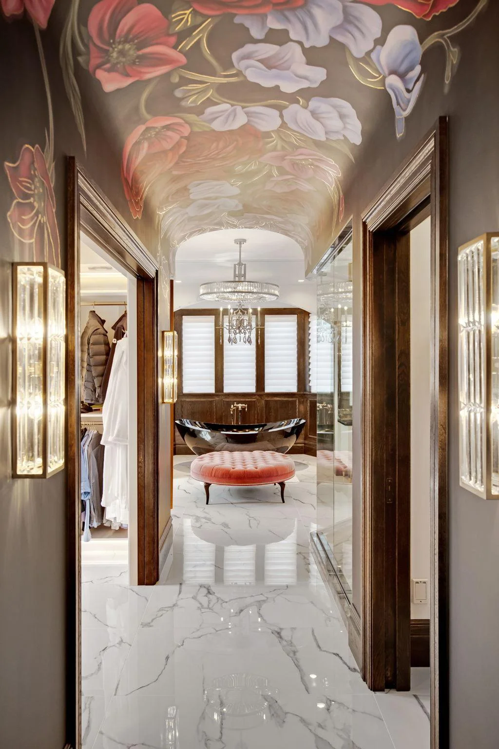 The primary master bath boasts luxurious finishes creating an atmosphere of tranquility.