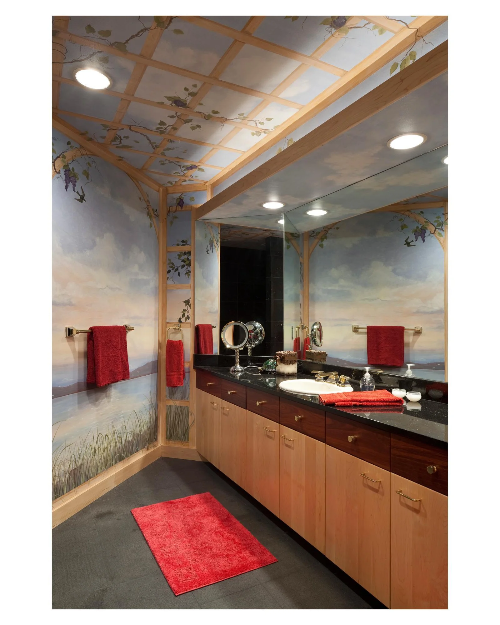 Can you spot all the hidden animals in this hand painted mural, in the half bath in the lower level of the Mary Hill Lodge?