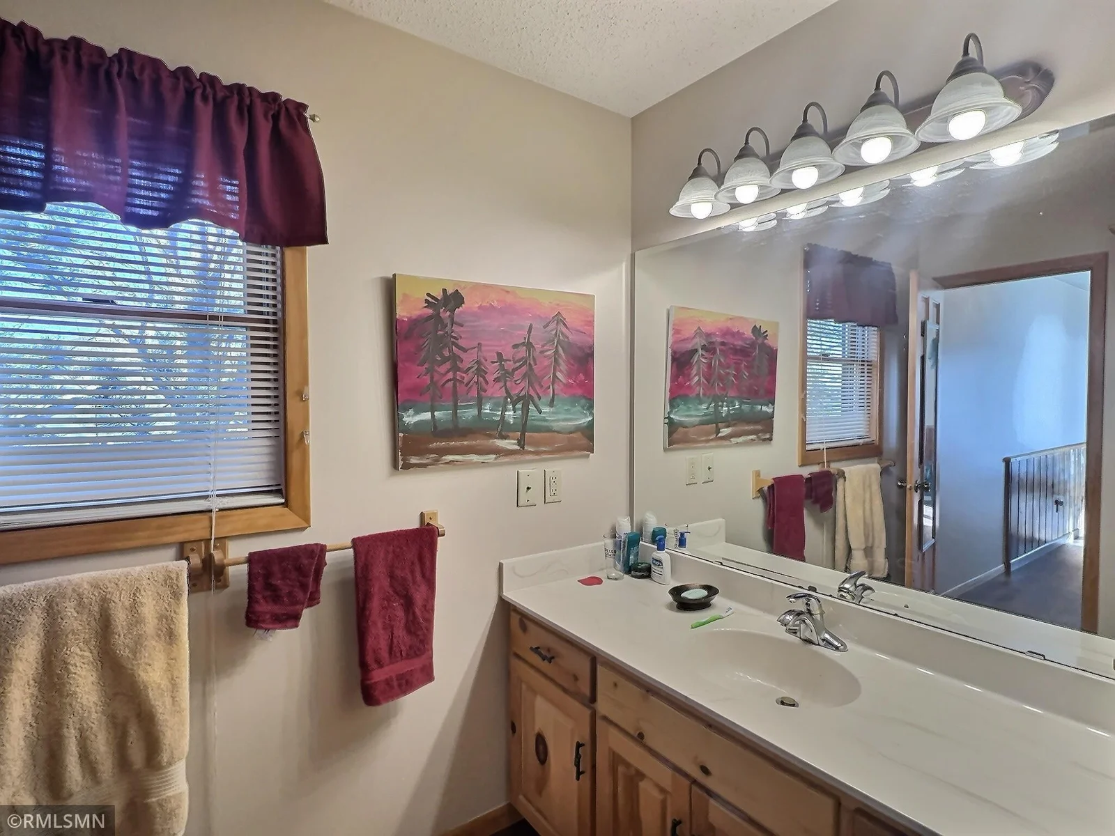 The upper level includes a walk-thru bathroom with a door to the primary bedroom and a door to the hallway.