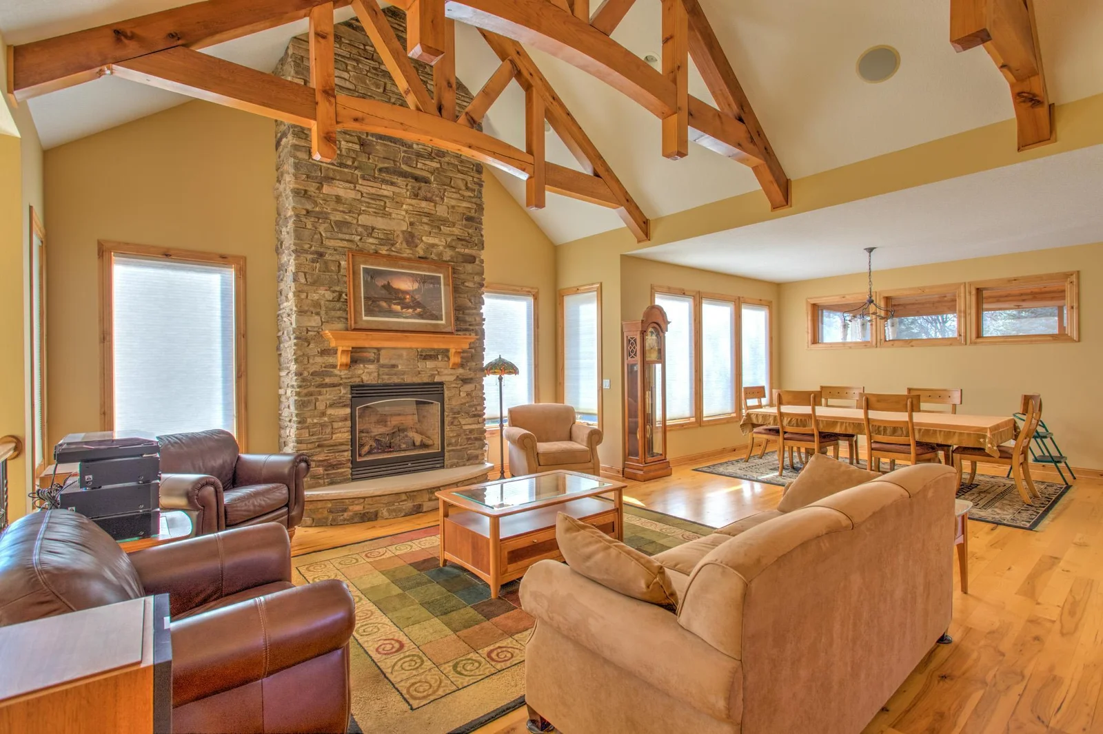 Solid rough-cut cedar beams and 16' vaulted ceilings