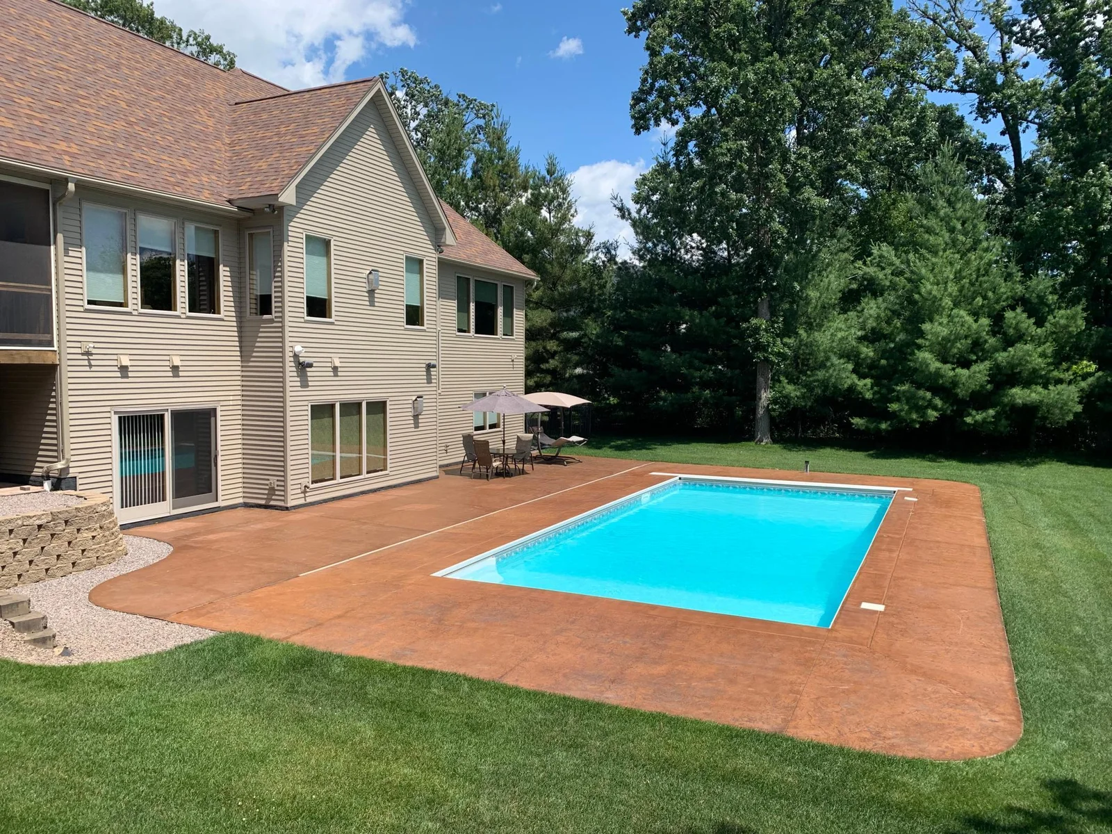 Stamped concrete patio and saltwater sport pool