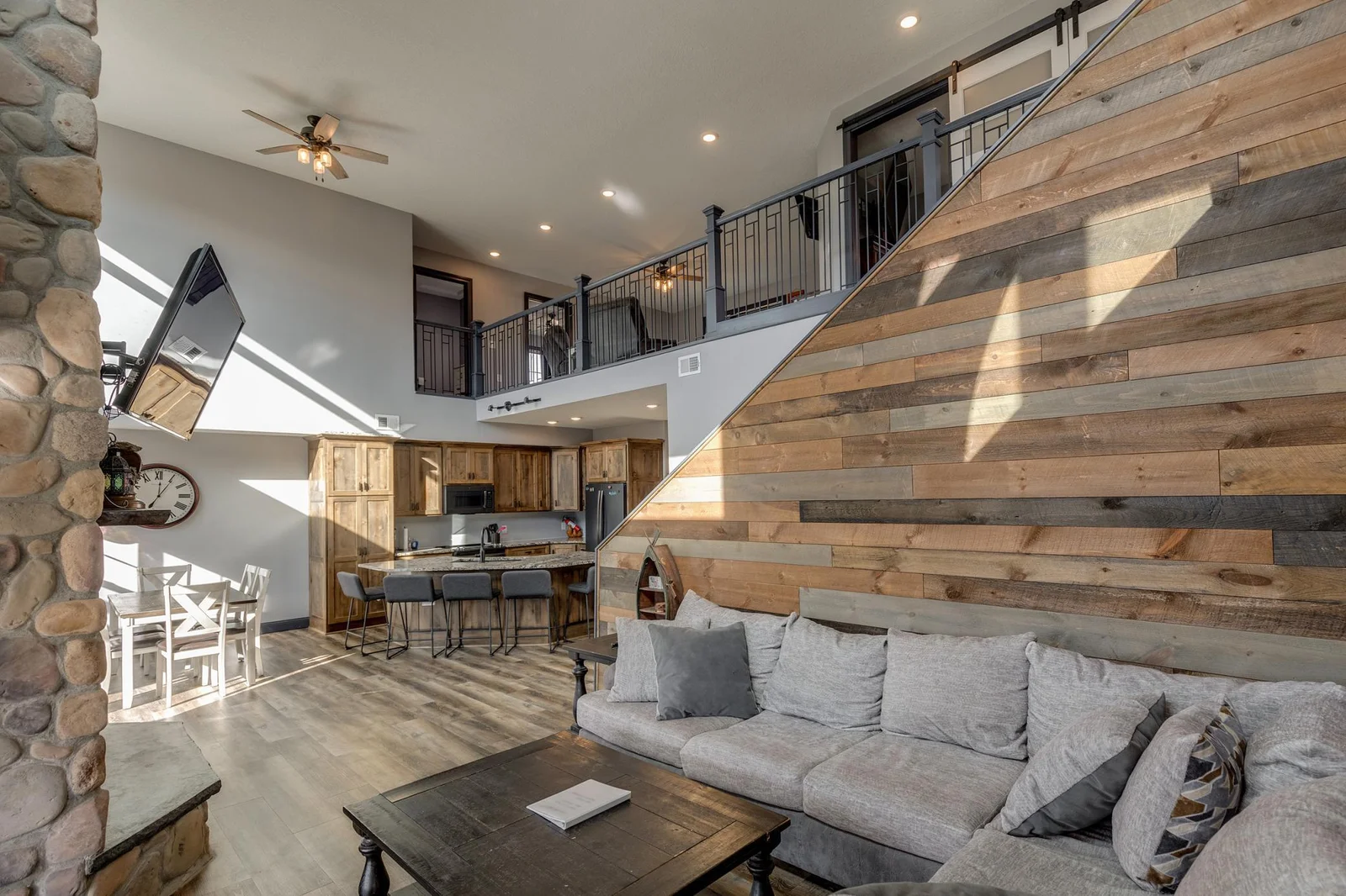 Beautiful wood paneling stairway wall.