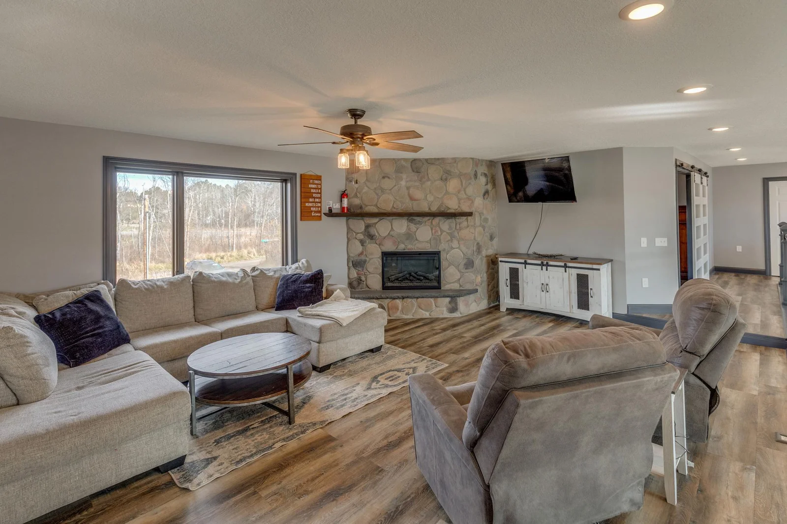Gas fireplace in family room.