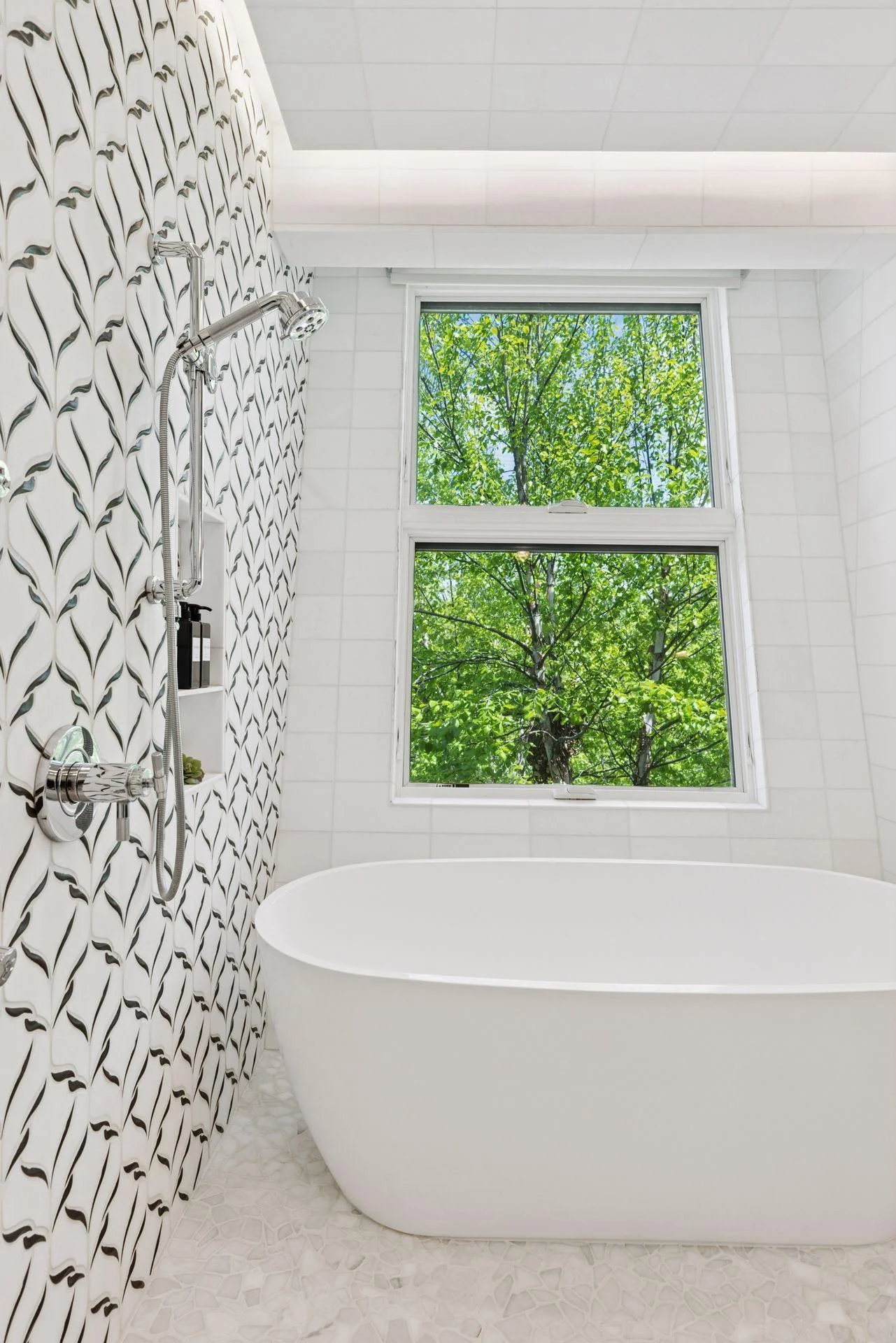 Architecturally unique widows in primary bath shower