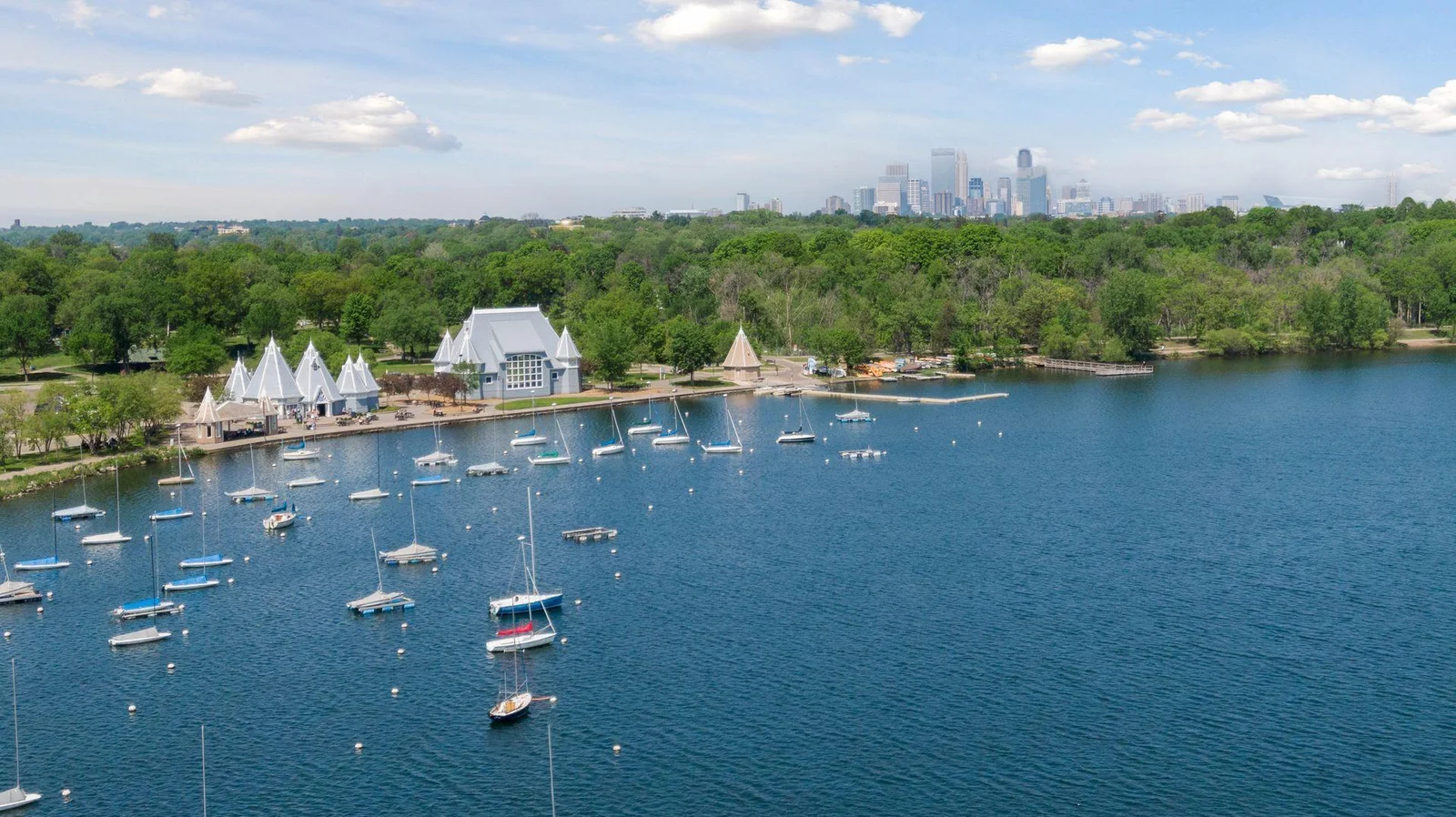 Aerial view to the north highlights the bandshell and Dwtn Mpls skyline