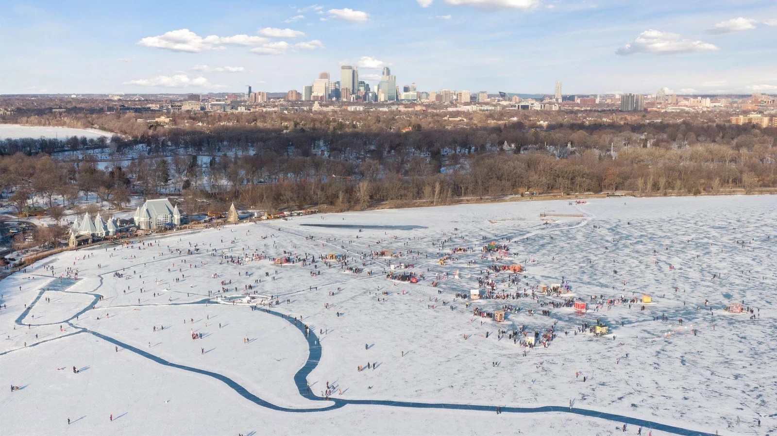 Aerial view of Kitefest on Lake Harriet in the winter on frozen Lake Harriet