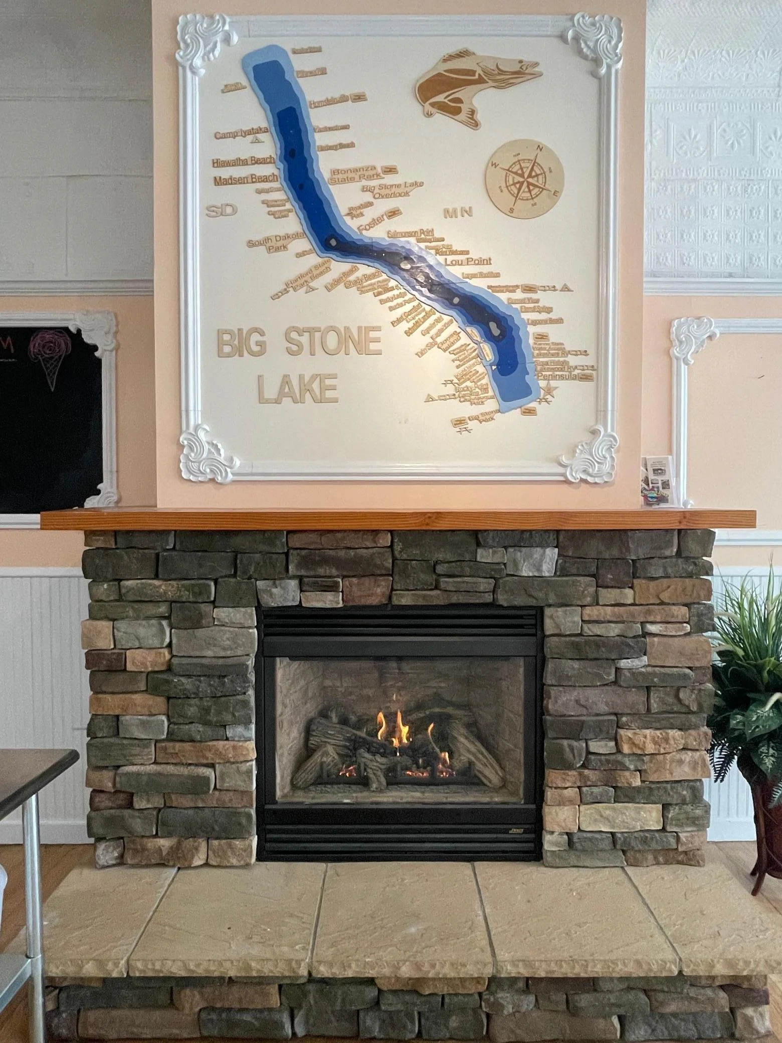 Fireplace in the main seating area