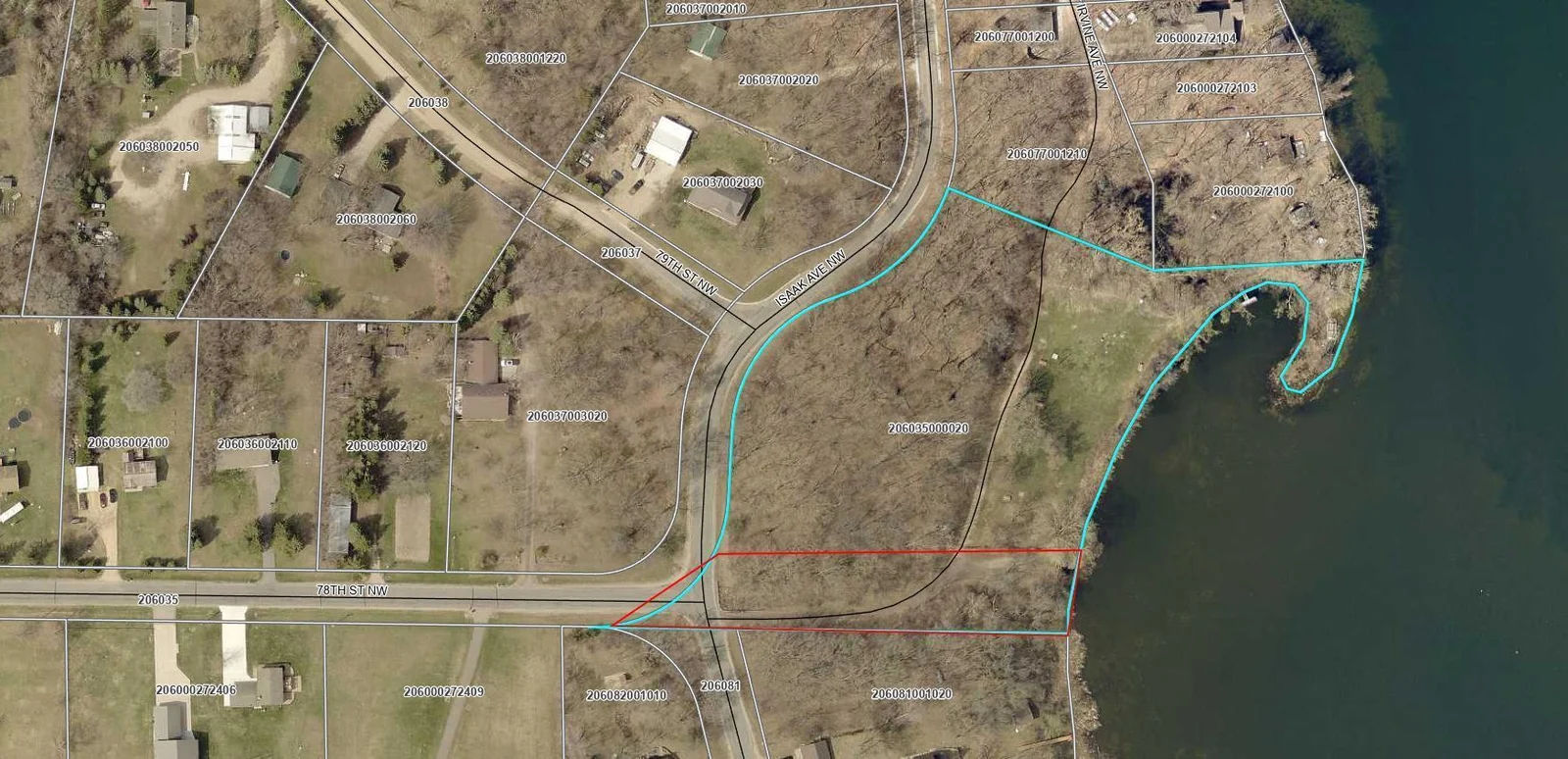 Approximate area of the Cedar Lake Deeded Access is shown in red. The larger parcel is the Association Park.