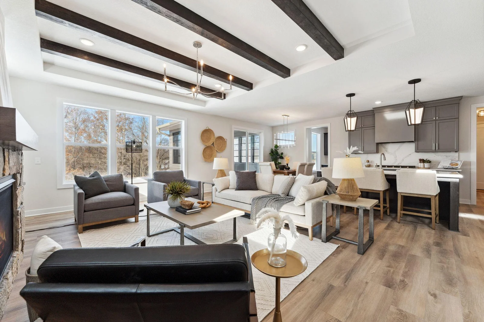 Model Home Living room-Beams and box vault add a unique touch