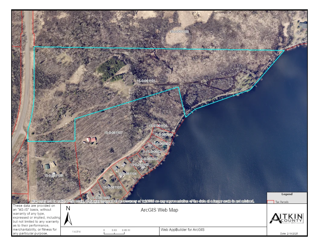 GIS mapping - Closer view of the property (highlighted in blue).  At the lower left corner of the blue area is the driveway entrance to the property.  Nice cleared path that leads from the road all the way to the lakeshore.