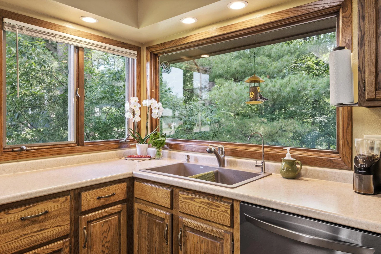 You will love the large windows in the kitchen to watch the birds
