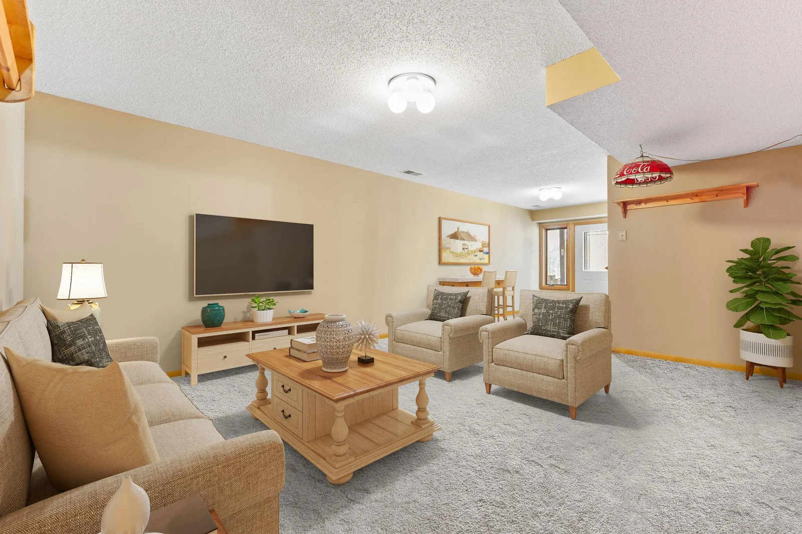 This photo is digitally enhanced. Great use of space for your family room. Direct access to a patio, or backyard, making it easy to step outside for fresh air or outdoor activities.