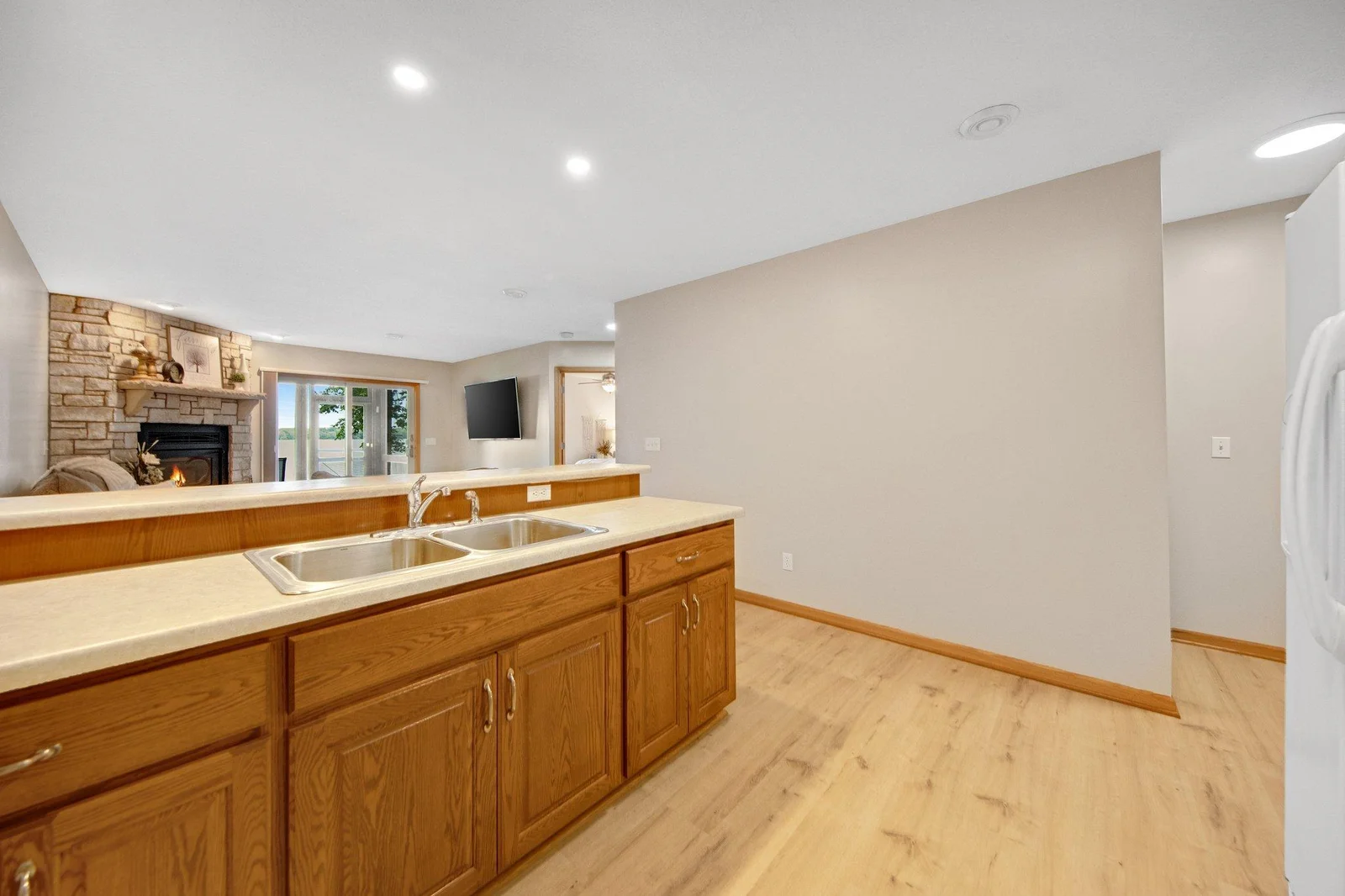 View from the kitchen to the family room.