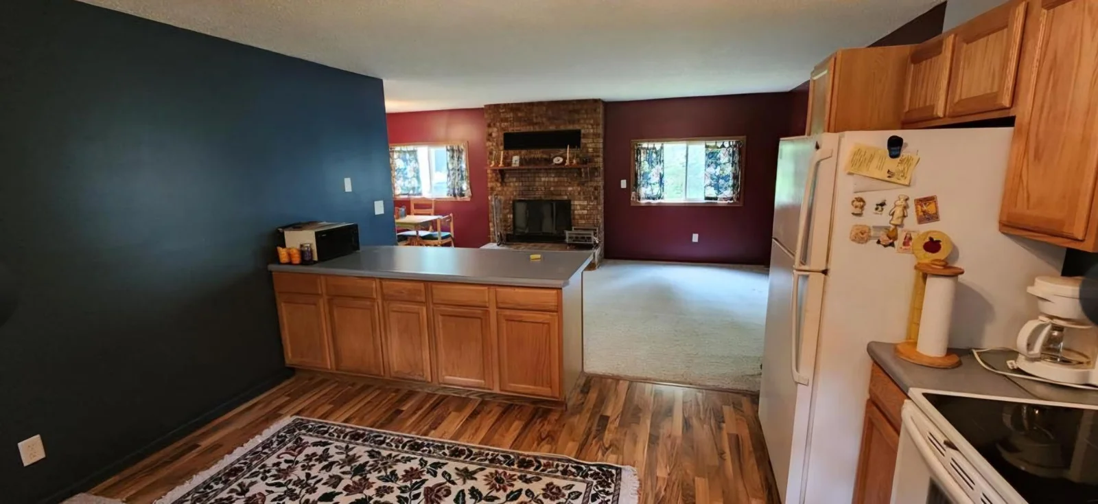 View from kitchen to the dining/den area