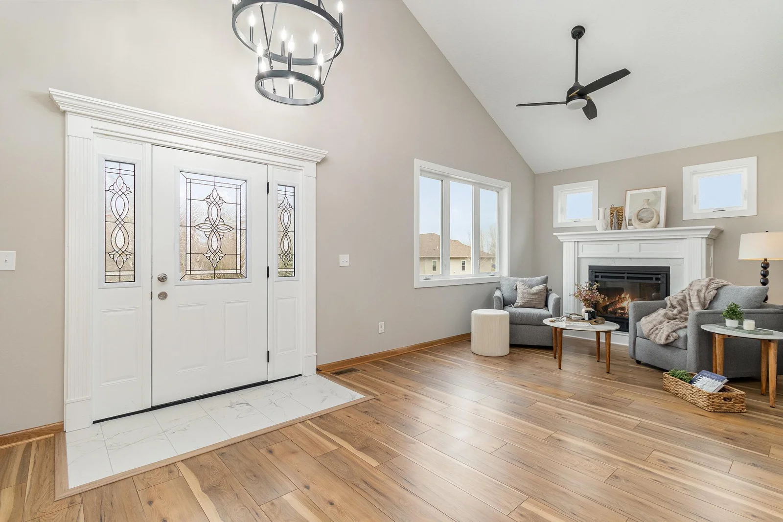 Front Entry has classic front door with sidelights.