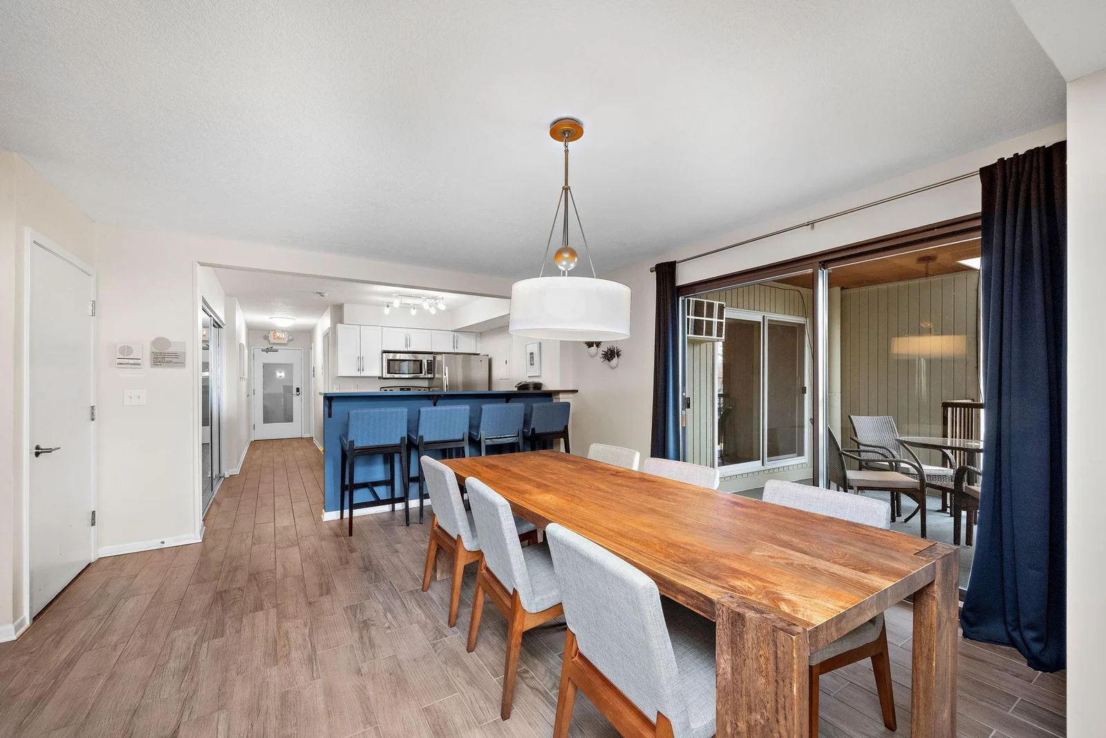 The community room also features a full kitchen with guest bathrooms.