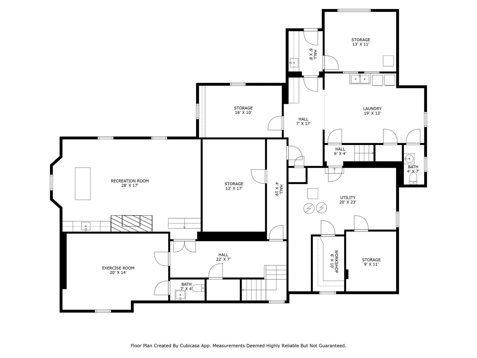 Lower Level Floor Plan: Recreation room with 10' ceilings, fitness room, 1/2 bath, multiple storage rooms, cedar closet, and large laundry room with additional 1/2 bath. Access to outdoors from back hall.