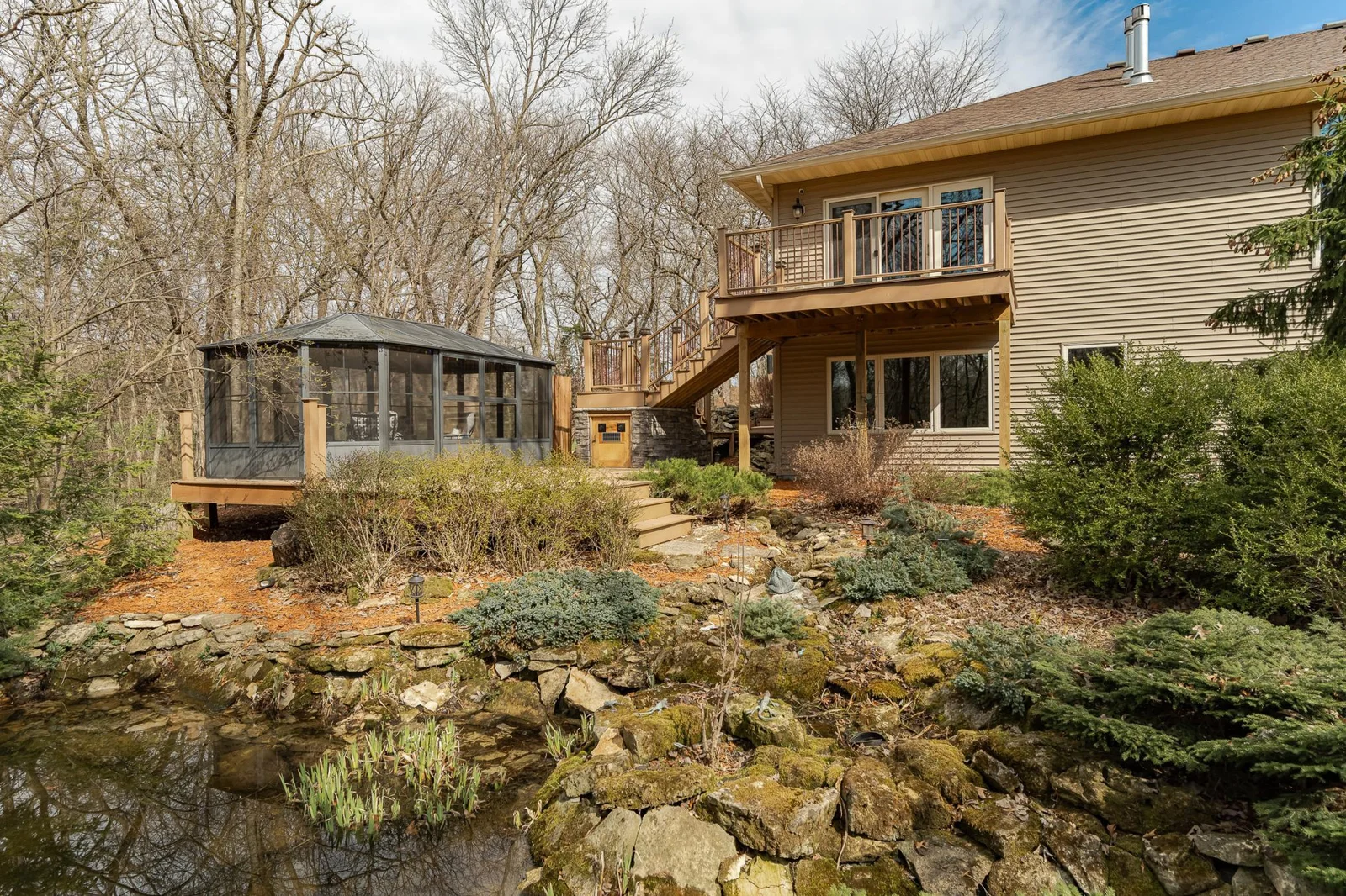 Gazebo and waterfall feature.