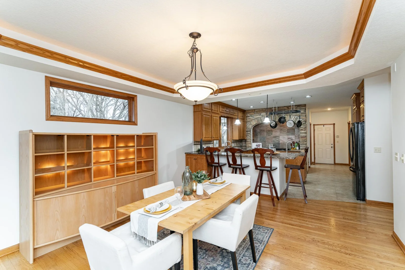 Ambiance lighting and hardwood floors.