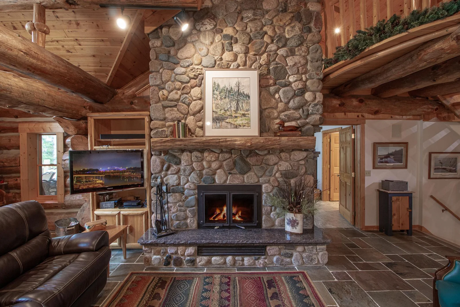Stone wood fireplace