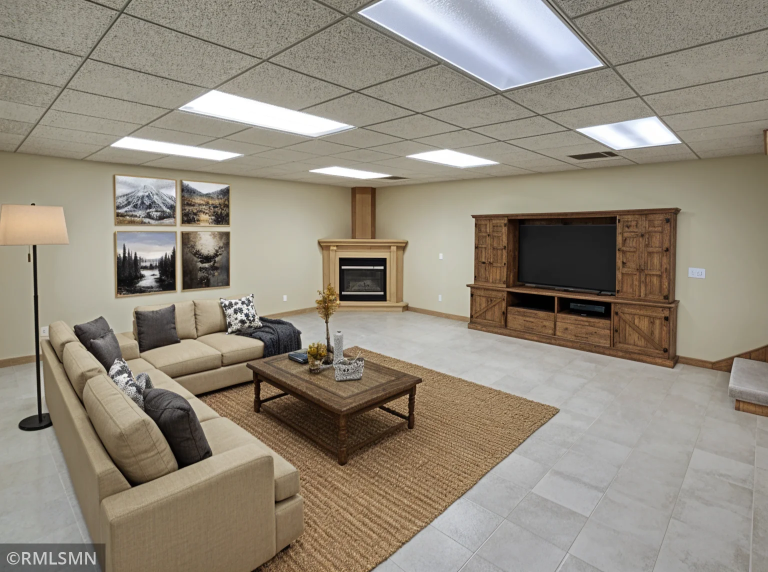 AI generated staging of lower level family room.