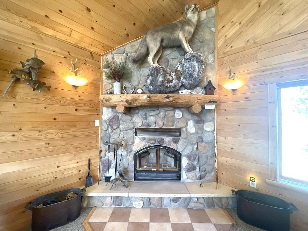 Stone wood fireplace.