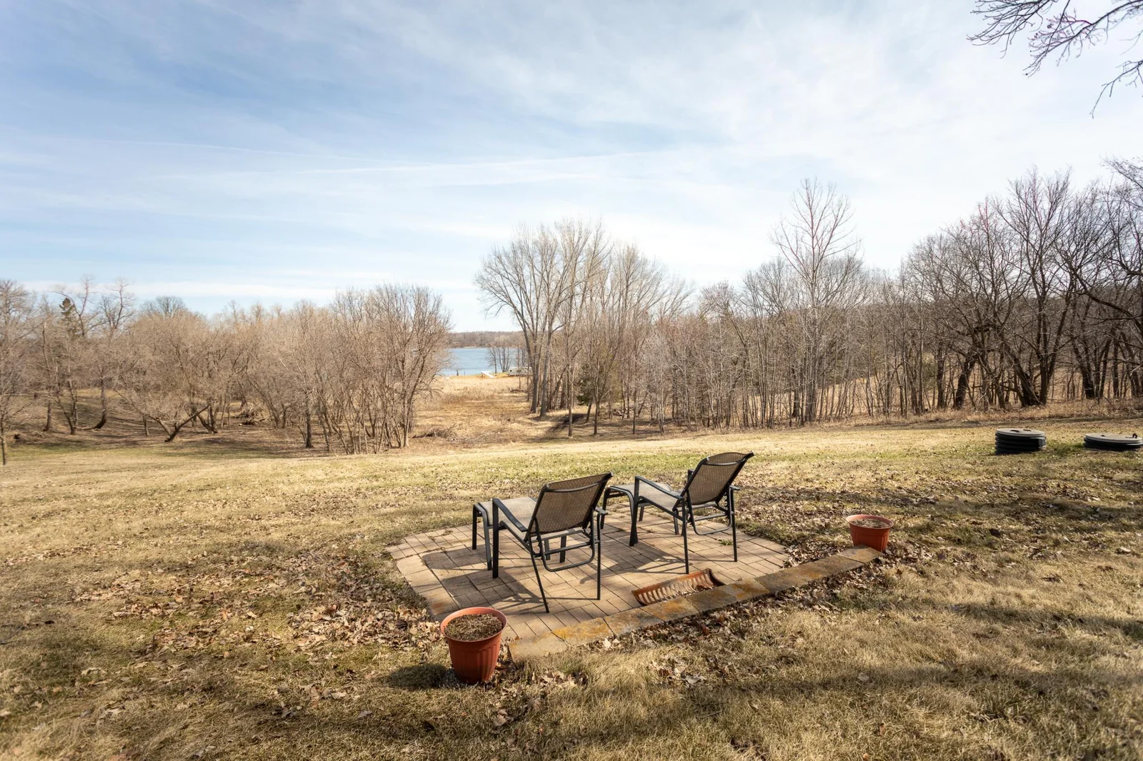 Backyard patio with lake views