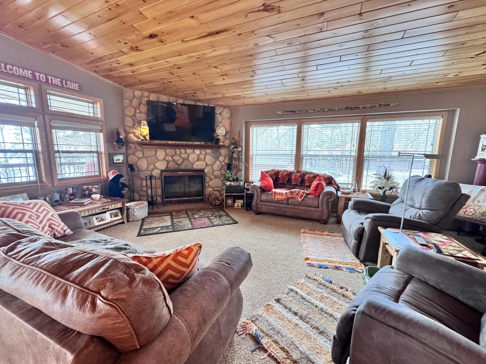 Cozy up to the wood fireplace in the living room