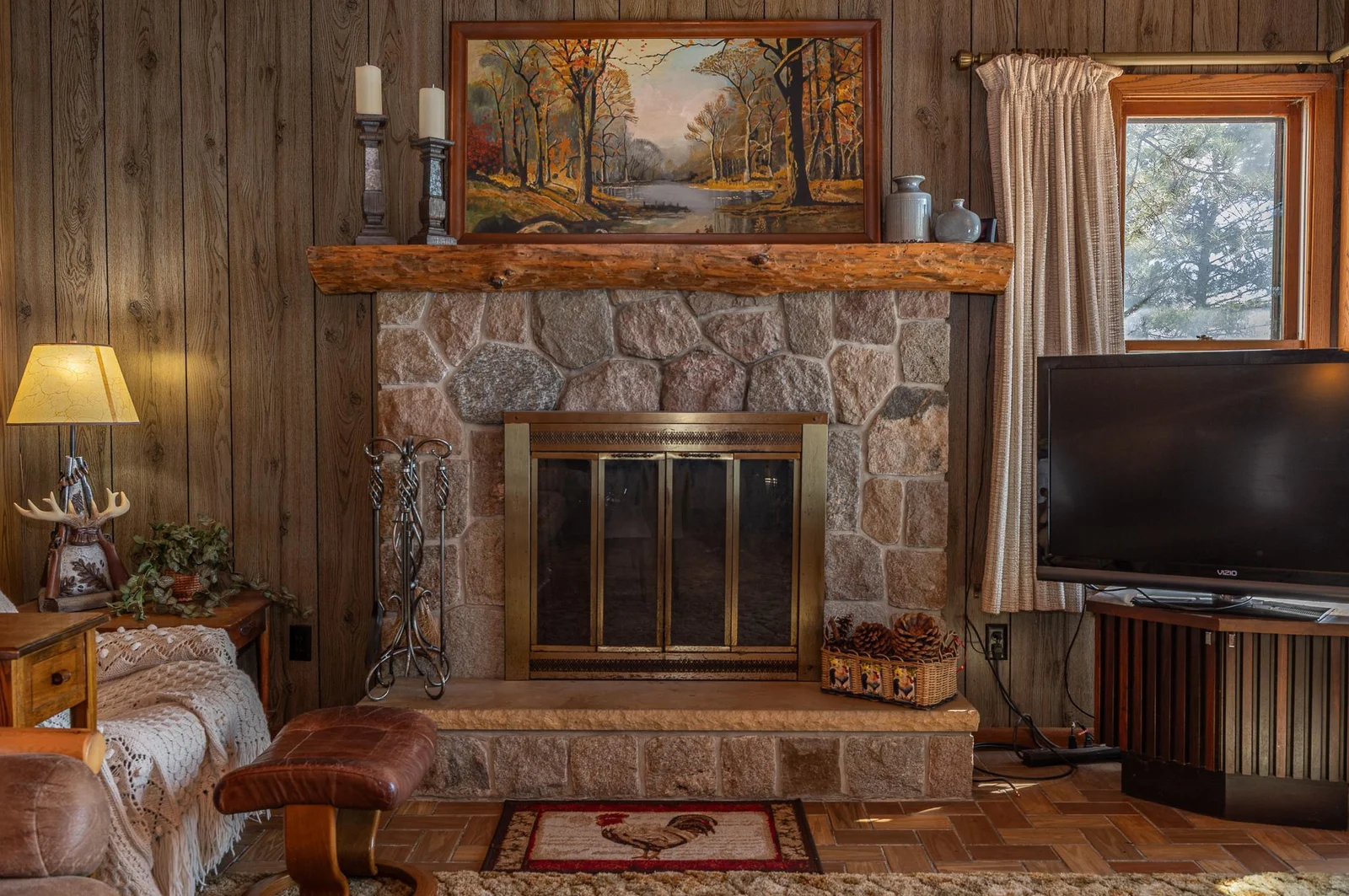 Stone fireplace.
