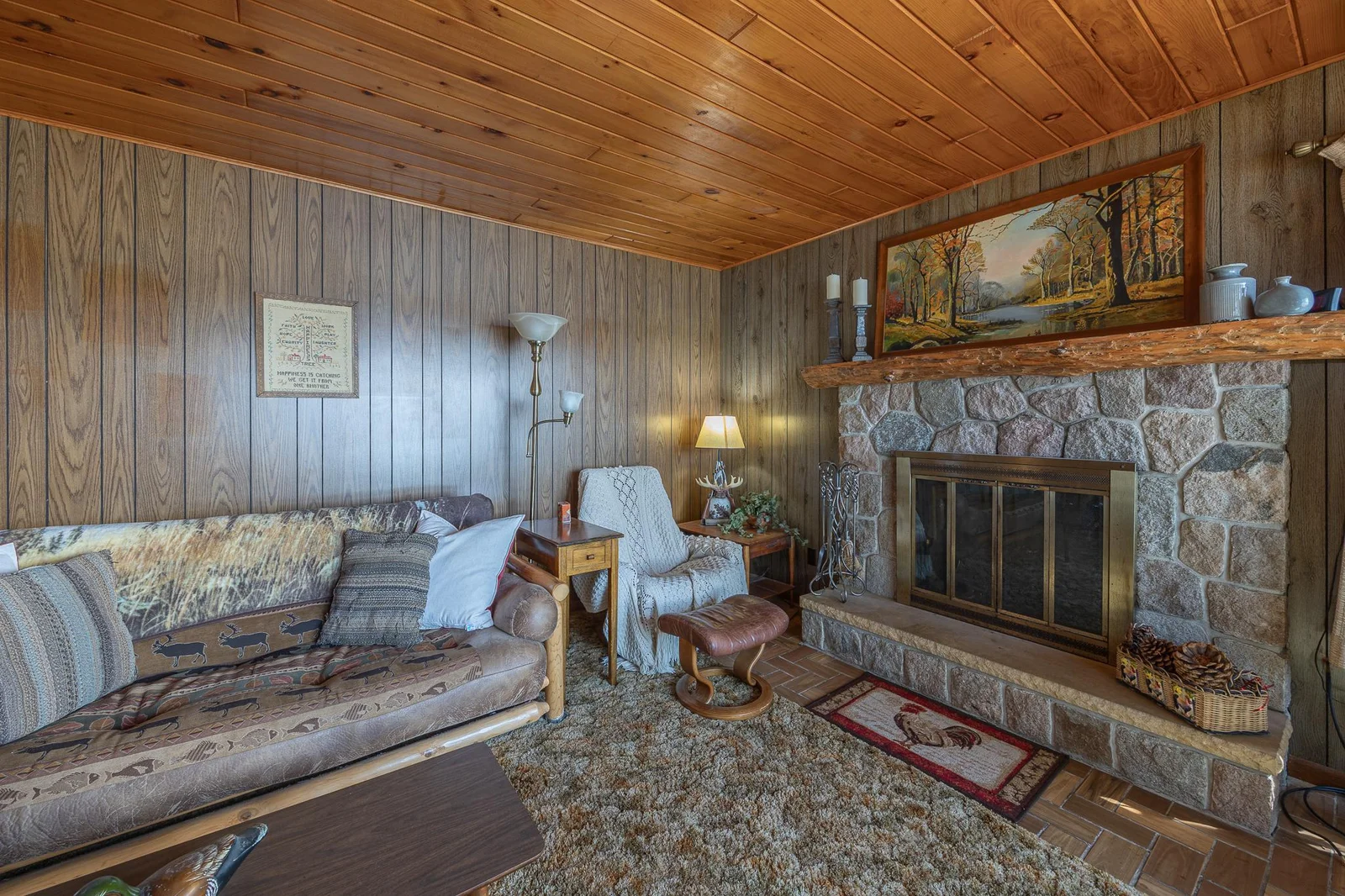 Stone fireplace.