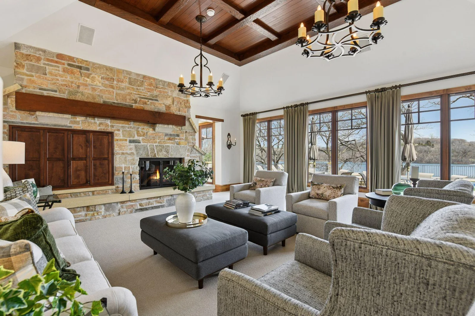 Cozy up to the fire while taking in the lake views