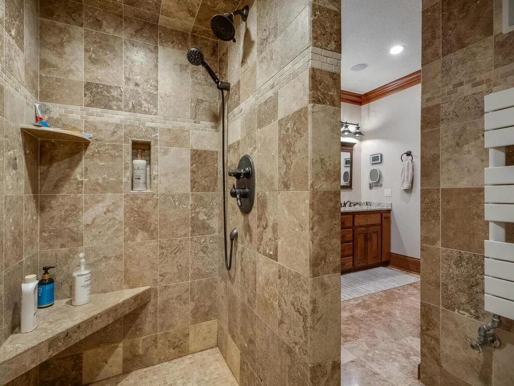 Primary bath walk in shower with towel warmer