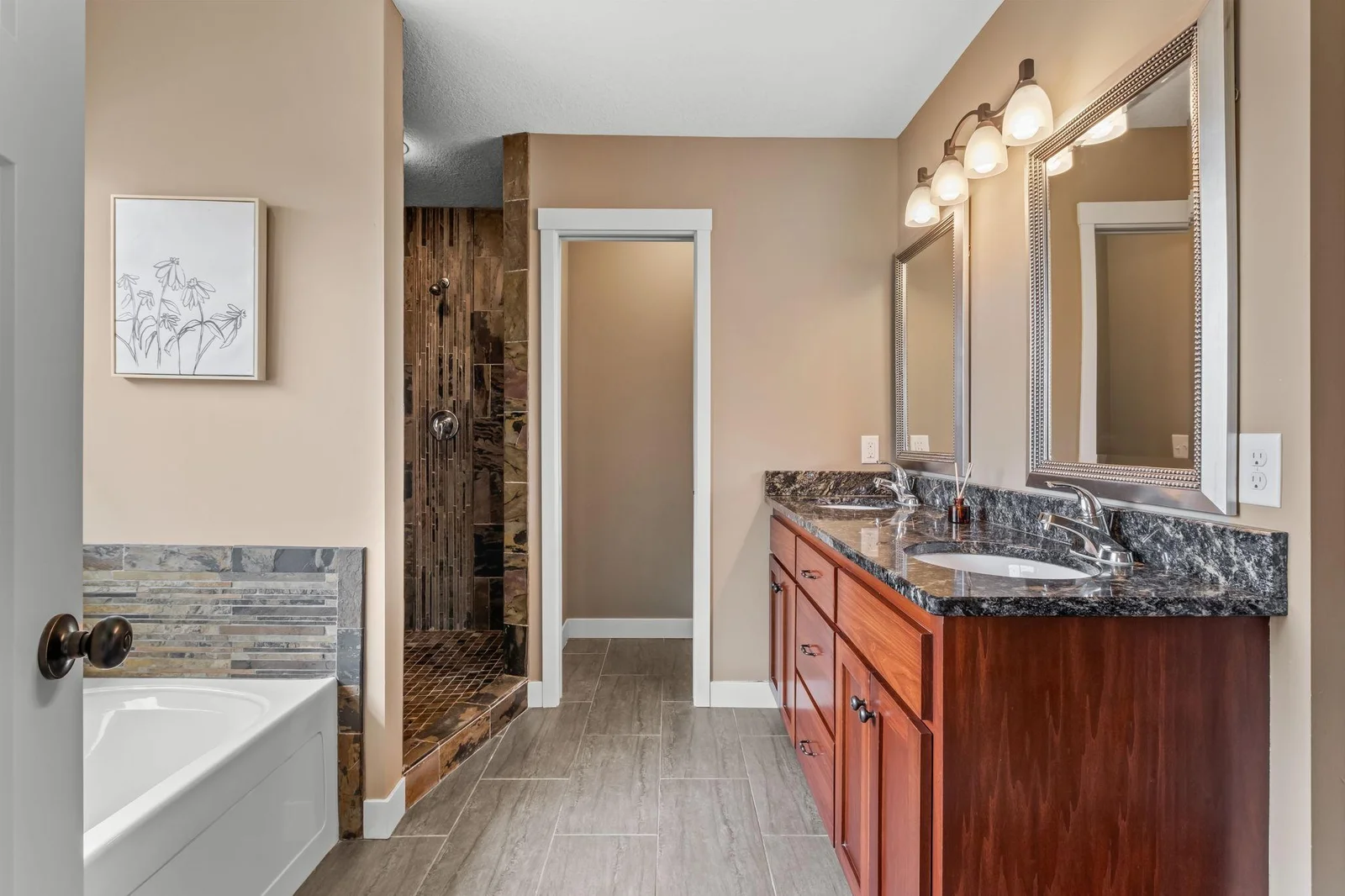 Primary Bathroom with Tub, Shower, Double Vanity Private Water Closet