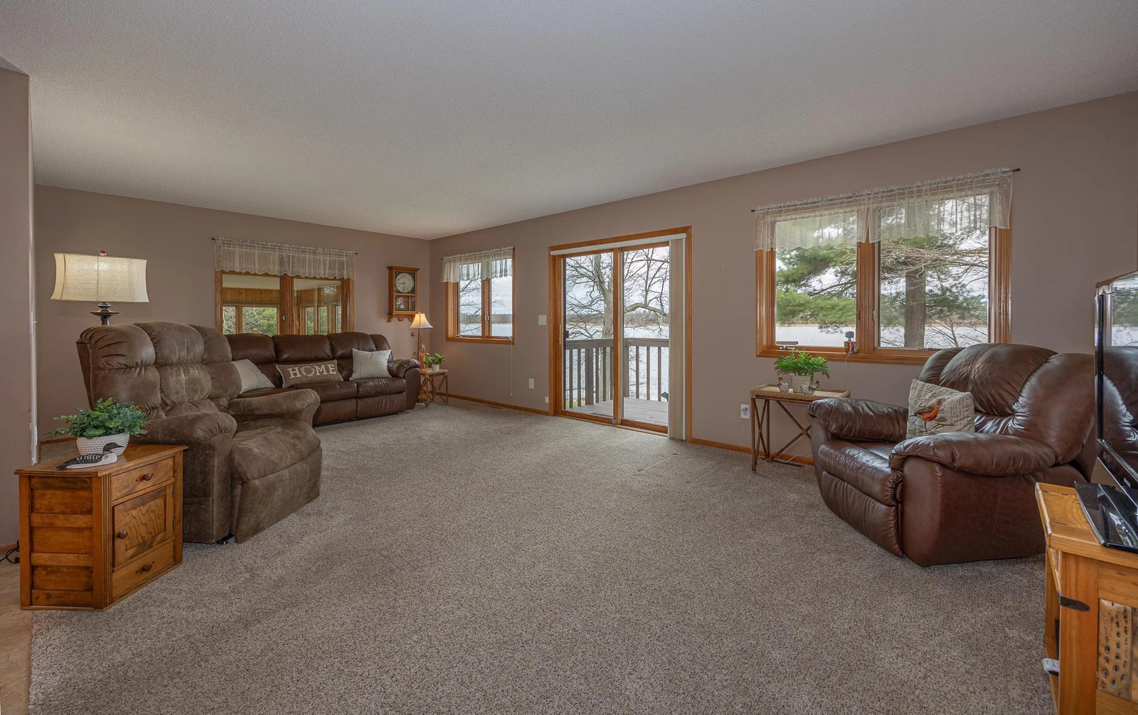 Living room with lake views.