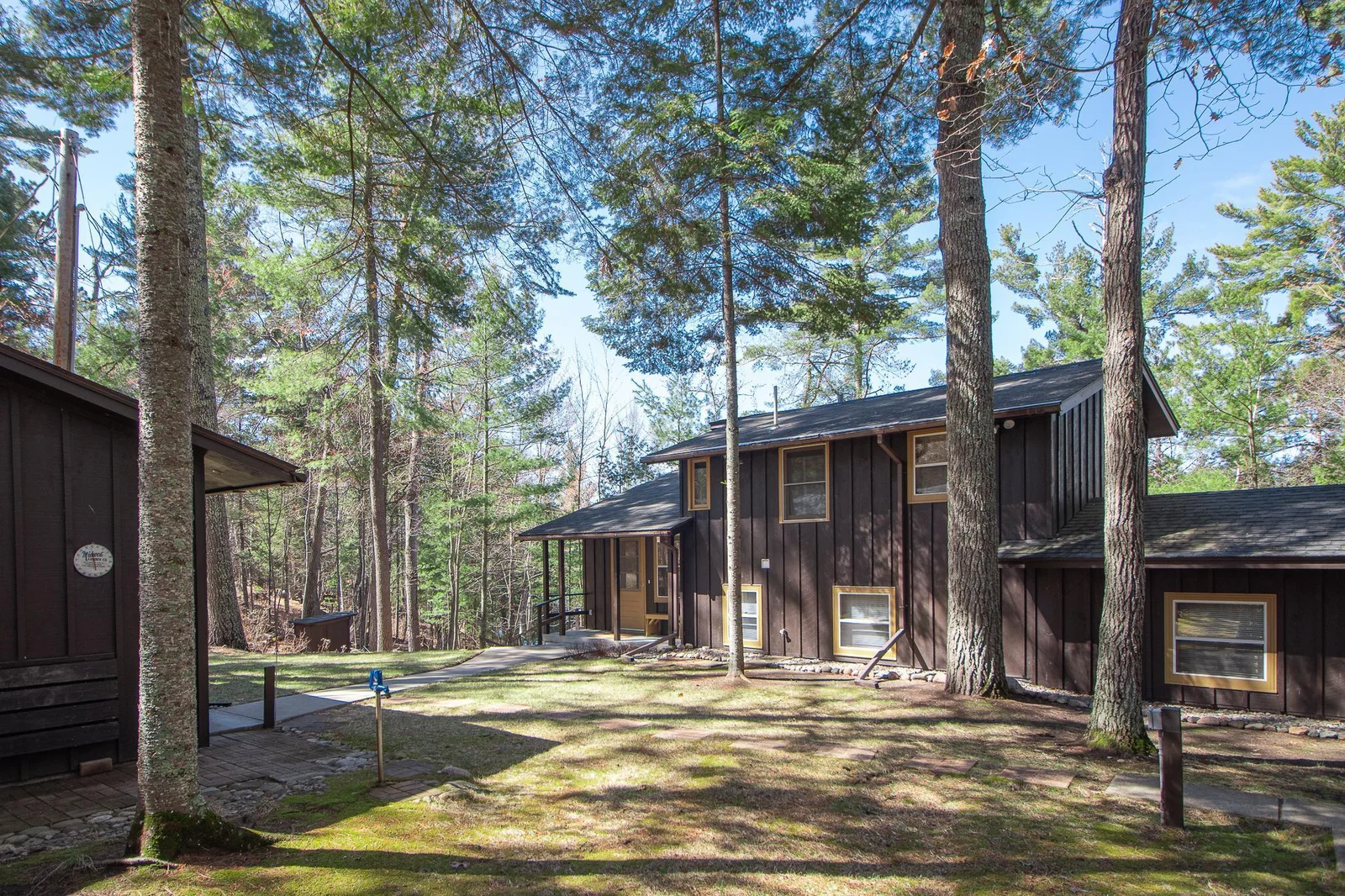Beautiful trees and concrete sidewalk to mud room entry