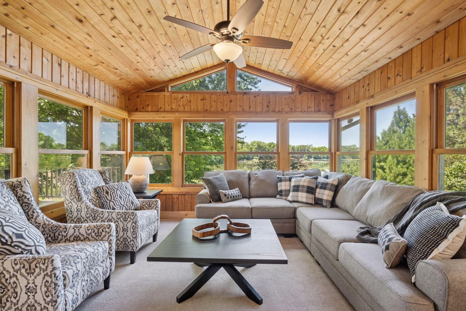 The sun porch is the perfect spot to unwind!  Knotty pine with vaulted ceilings and walls of windows with gorgeous views provide a tranquil setting and peaceful retreat!