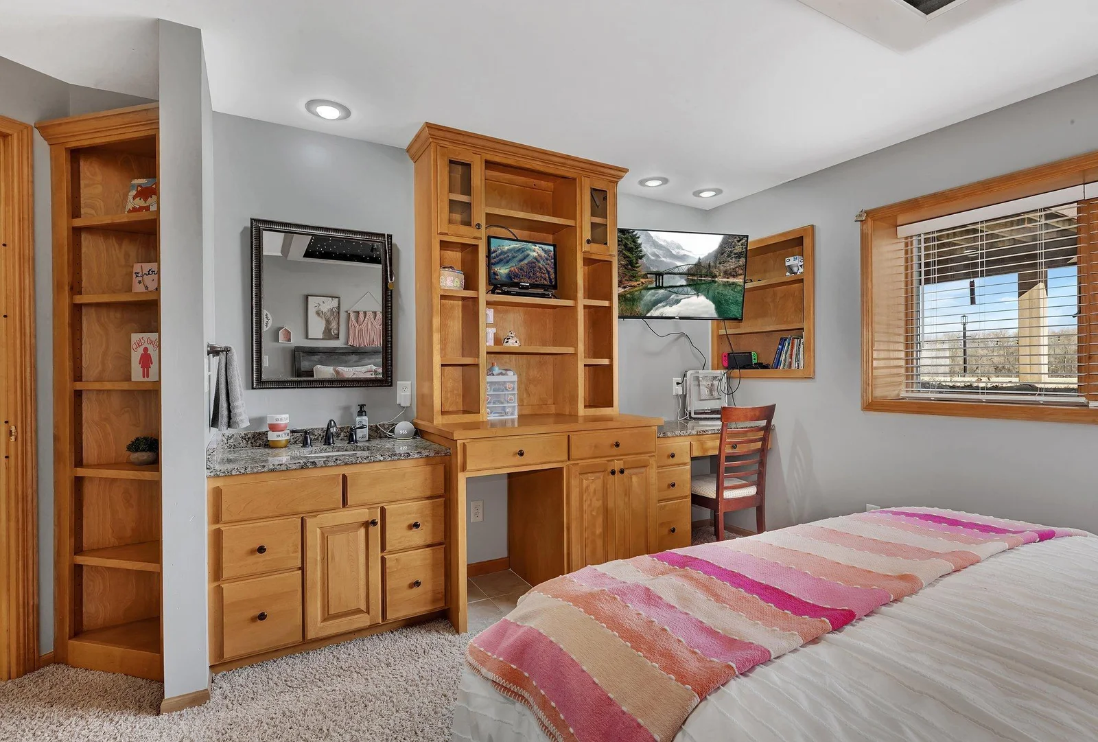 Built in storage and it's own separate vanity.