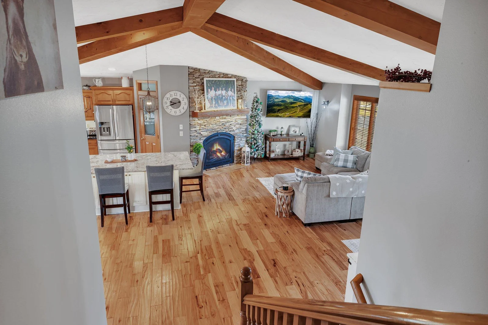 View from upper level into great room.
