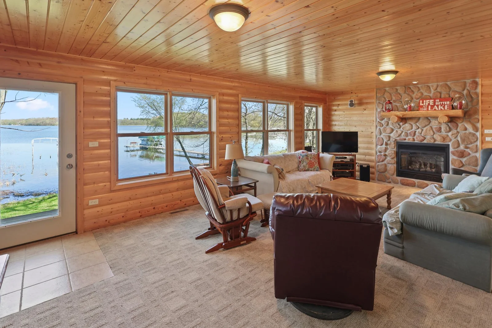 Family sitting area by fireplace