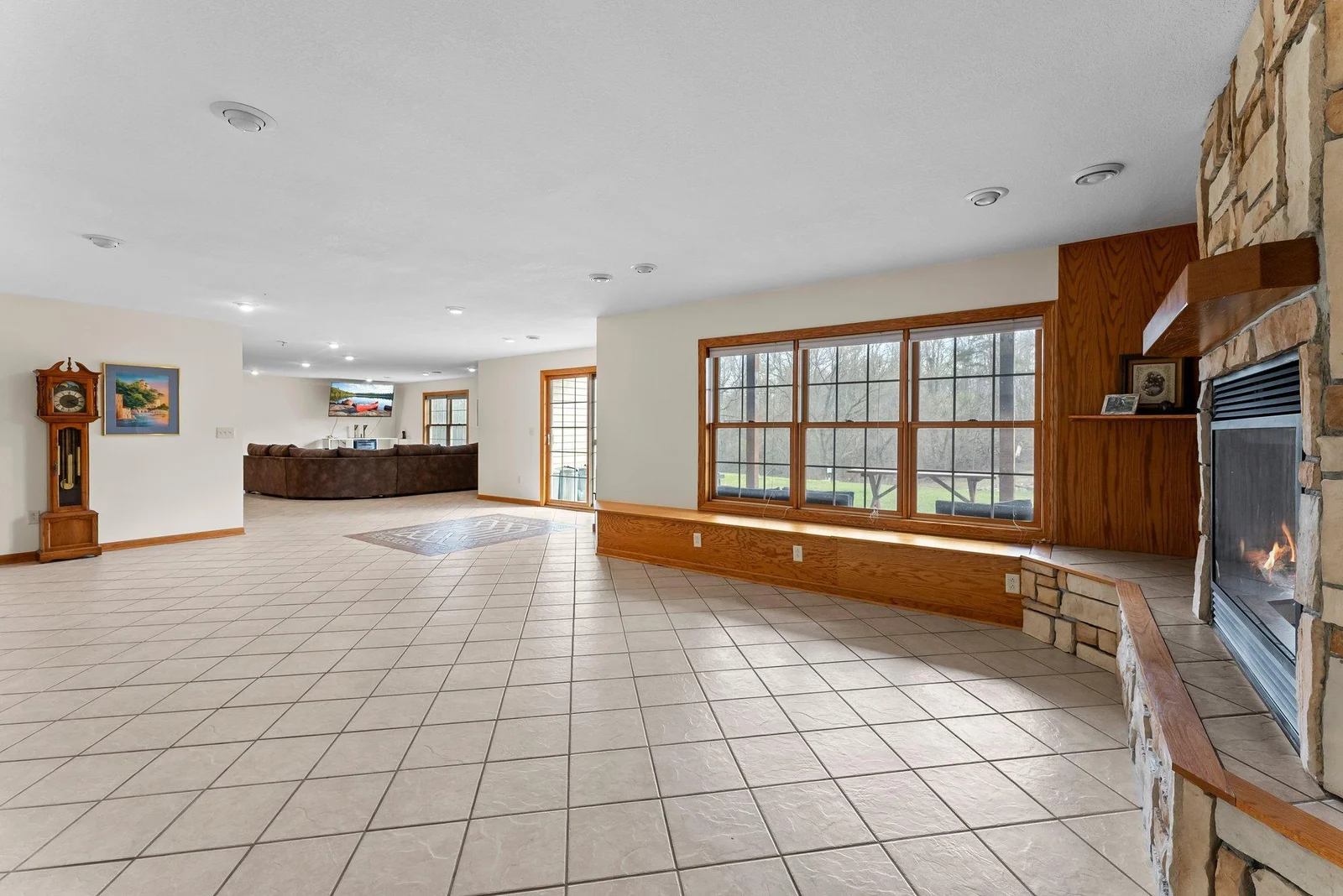 Lower level second family room with built-in bench storage
