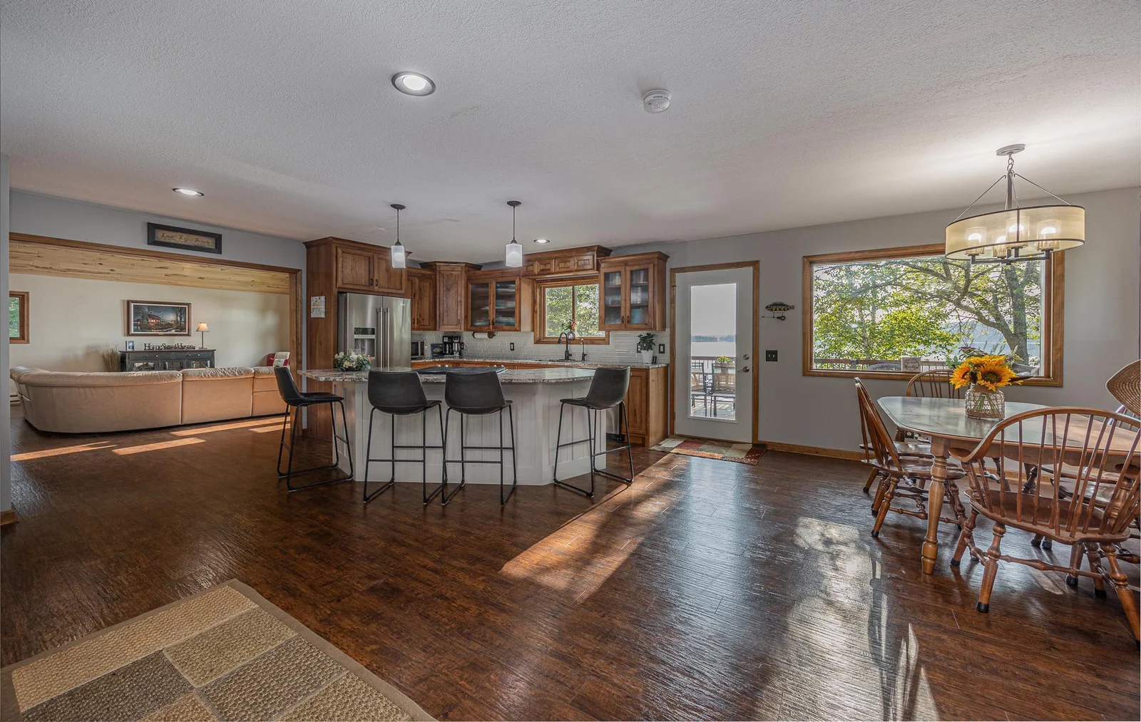 Kitchen and eat in dining at the large center island.