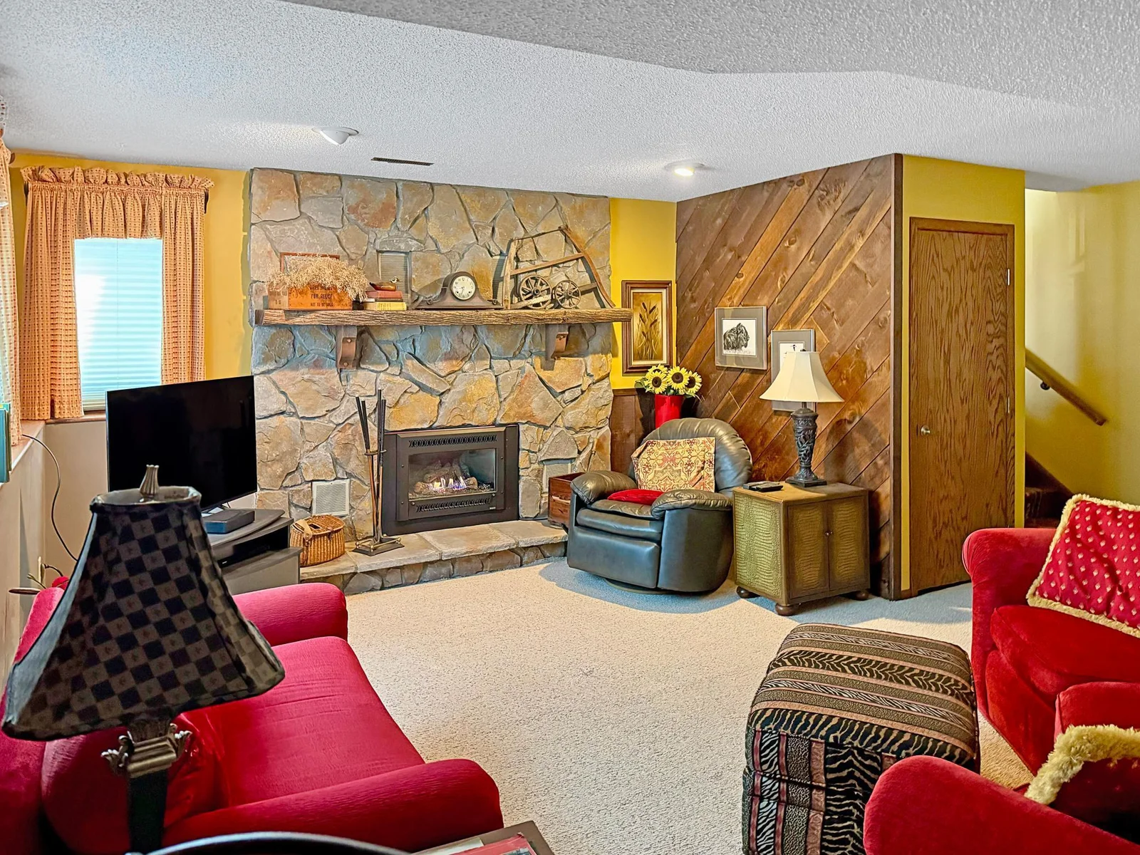 Spacious family room with warming gas firepace.