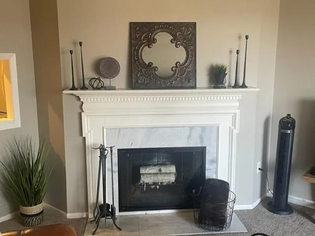 cozy, wood burning fireplace.