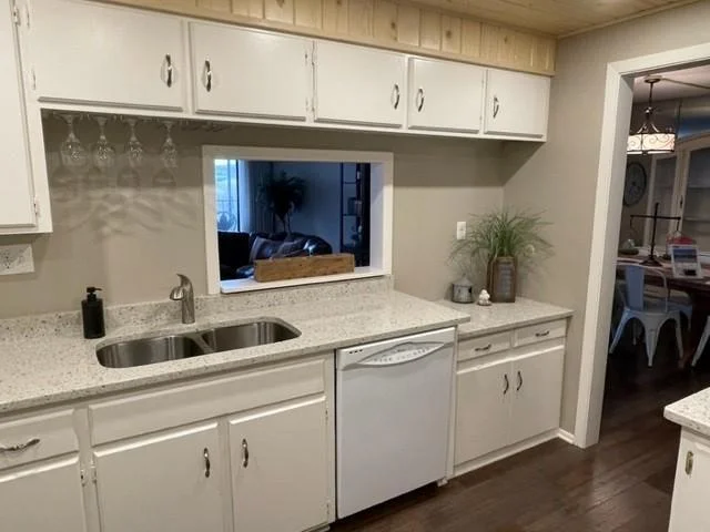 quartz counter tops, painted cabinets,