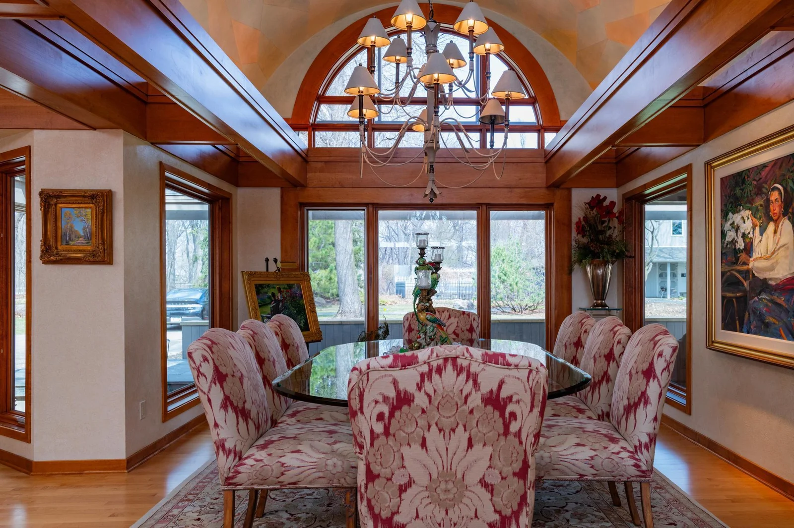 Formal dining room with custom hand-painted barrel ceiling