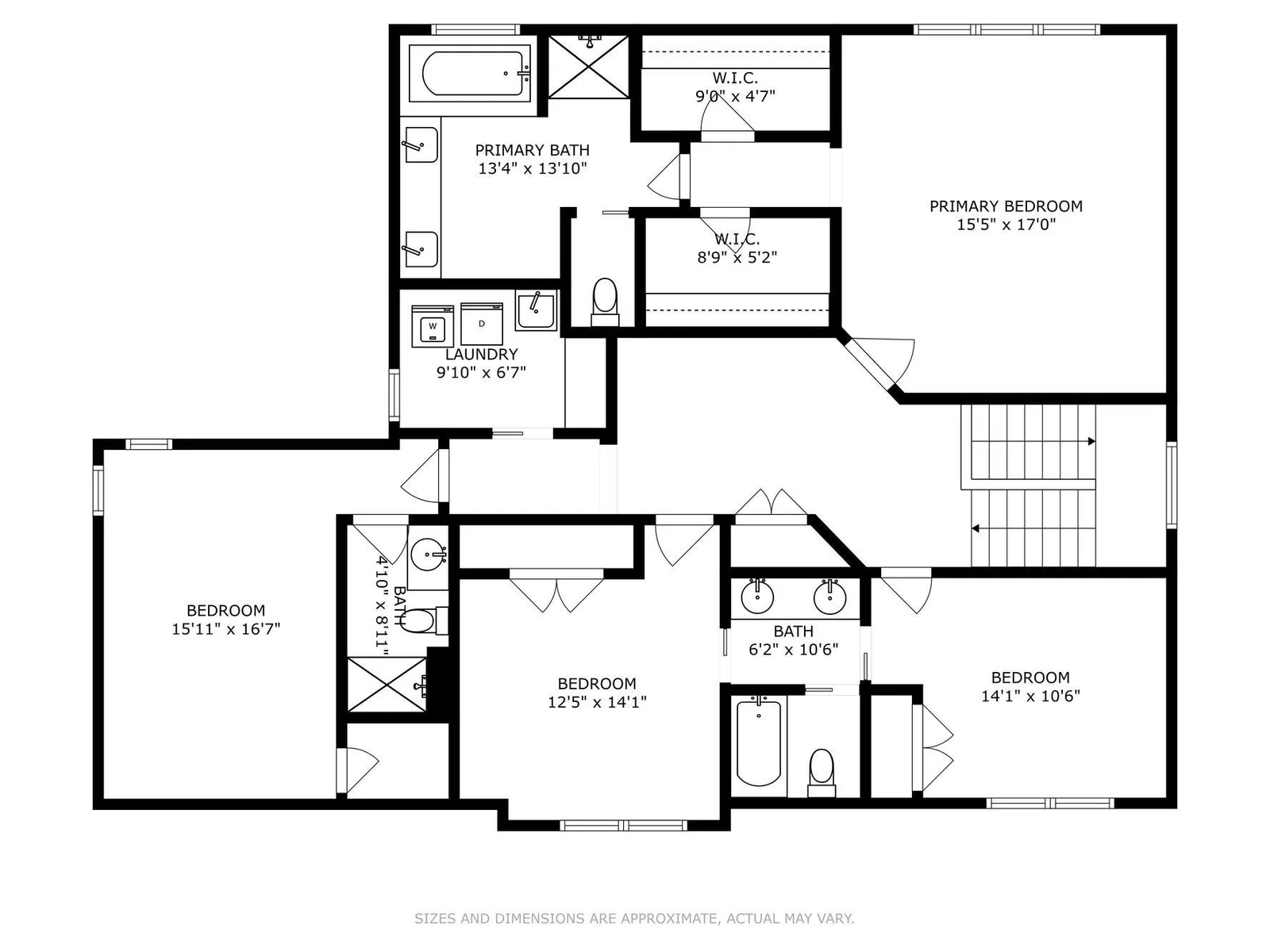 The upper level floor plan - look closely to see that all bedrooms have direct access to a bathroom.