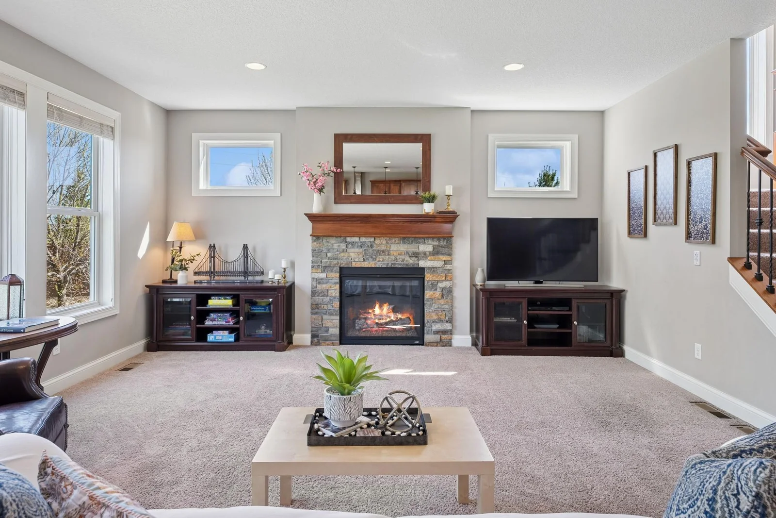 The carpet was just freshly cleaned in early May of 2025. The carpet and the paint are all modern & neutral.