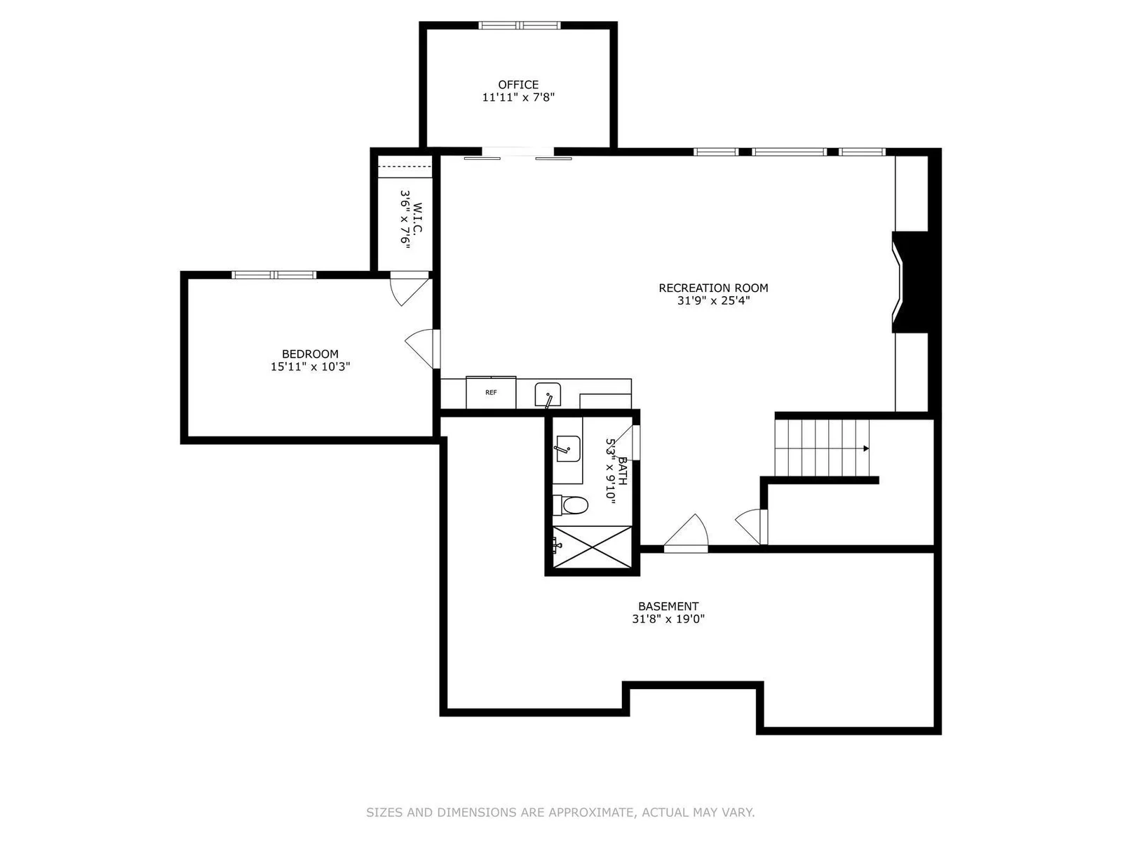 The lower level floor plan features a rec room, a 5th bedroom & bathroom, a 2nd home office and the space labeled "basement" is the unfinished storage & mechanical room.