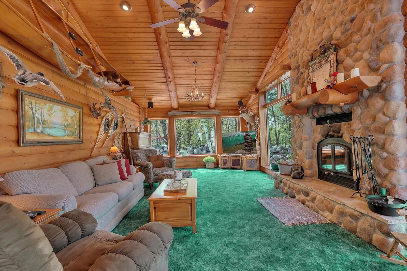 Great Room. The carpet is hunter green. Photographs light.